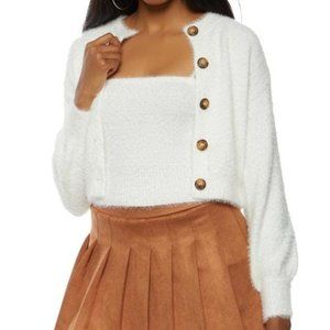 Eyelash Knit Cropped Cami and Cardigan Set in Ivory
